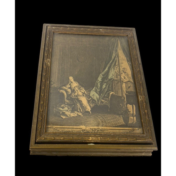 Antique Jewelry Art Box Hinged Artwork Lid Victorian Romantic Wooden Renaissance - Picture 9 of 15